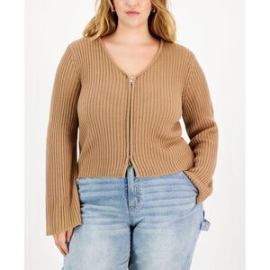 Trendy Plus Size V-Neck Zip-Up Sweater